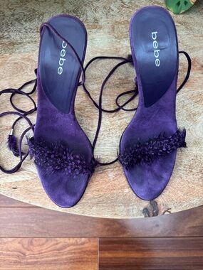 bebe Purple Feather Lace-Up Mules